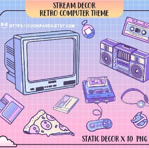 May include: A set of 10 retro computer themed digital illustrations for Twitch or YouTube stream overlays. The illustrations include a TV, a boombox, a cassette tape, a game cartridge, a floppy disk, a pizza slice, a joystick, a headset, a Tamagotchi, and a no signal icon. The illustrations are in a pixelated style and have a pink and blue colour scheme.