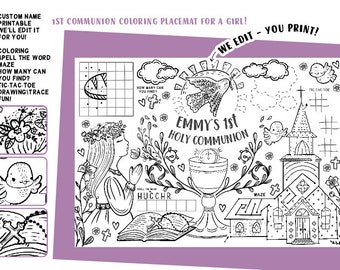 First Communion coloring placemat Custom Kids Activity Girls Sheet Digital File Printable