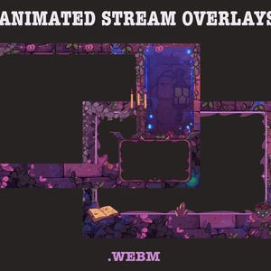Op de afbeelding: Geanimeerde stream overlays met een fantasiethema. Het ontwerp bevat paarse en blauwe frames met decoratieve elementen zoals schedels, boeken en wijnranken. De tekst "ANIMATED STREAM OVERLAYS" en ".WEBM" worden weergegeven.