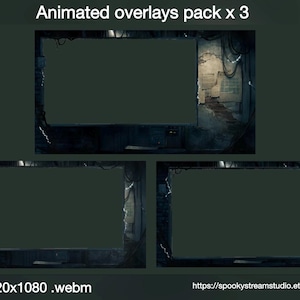 May include: Animated overlays pack x 3, featuring three dark, rectangular frames with a grunge aesthetic. The frames have a dark green background with a distressed, industrial design. The text "Animated overlays pack x 3" is at the top.