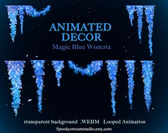 Animated Blue Wisteria Stream Decor, Floating Leaves, Hanging Vines Overlay (Looped WEBM)
