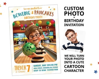 Pancakes Bowling Birthday Personalised Invitation Cartoon Portrait by Photo Custom Printable Children Party decor from Photo