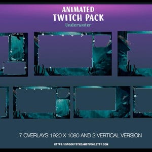 Op de afbeelding: Een geanimeerd Twitch-pakket met een onderwaterthema. Het ontwerp heeft zeven overlays in een donkergroenblauwe en paarse kleurstelling, met een resolutie van 1920 x 1080 en drie verticale versies. De tekst "Animated Twitch Pack Underwater" wordt bovenaan weergegeven.