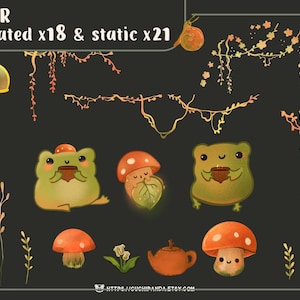 Puede incluir: Ilustraciones digitales con ranas, setas y elementos florales en verde, naranja y amarillo. El texto "DECOR animated x18 & static x21" está en la parte superior. Las ilustraciones están sobre un fondo oscuro.