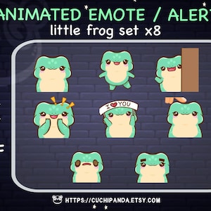 May include: Animated GIF set of eight green frog emoticons. The frogs are in various poses, including waving, holding a heart, and looking surprised. The text "I &hearts; YOU" is on a banner held by one of the frogs. The text "ANIMATED EMOTE / ALERT little frog set x8" is at the top of the image. The text "28, 56, 112, 256, GIF" is on the left side of the image. The text "HTTPS://CUCHIPANDA.ETSY.COM" is at the bottom of the image.
