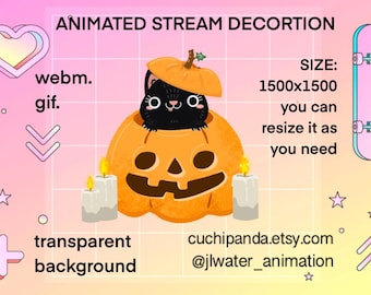 Animated Stream Decoration, Halloween Cat, Pumpkin, Ghosts, Add-on Twitch, Instant Download, Transparent Background