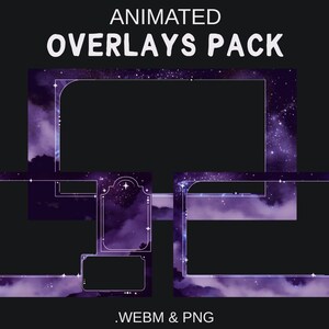 Op de afbeelding: Geanimeerd overlays-pakket met een paars en wit sterrenhemelontwerp. Het pakket bevat drie verschillende overlay-lay-outs met rechthoekige en vierkante frames en de tekst ".WEBM & PNG".