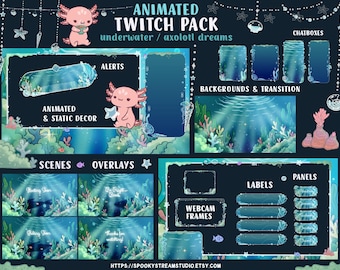 Animated Ocean Overlays Pack for Twitch Stream, Vtuber Underwater, Summer Sea Theme, Blue Sea Life Aesthetic, Axolotls Theme