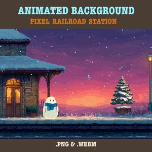 Op de afbeelding: Geanimeerde pixel art achtergrond van een besneeuwd treinstation in de schemering. De scène toont een gebouw met verlichte ramen, een sneeuwpop, een kerstboom en een lantaarnpaal. De tekst bovenaan luidt "ANIMATED BACKGROUND PIXEL RAILROAD STATION".