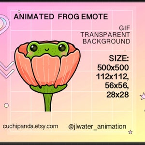 Peut inclure: GIF animé d'une grenouille verte qui sort d'une fleur rose. L'arrière-plan est transparent. Le GIF est disponible en différentes tailles : 500 x 500, 112 x 112, 56 x 56 et 28 x 28 pixels.