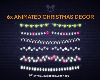 Könnte beinhalten: Sechs animierte Weihnachtslichtketten auf einem dunklen Ziegelhintergrund. Die Ketten haben weiße, rosa und grüne Lichter. Der Text "6x ANIMATED CHRISTMAS DECOR" befindet sich oben im Bild. Der Text "HTTPS://CUCHIPANDA.ETSY.COM" befindet sich unten im Bild.