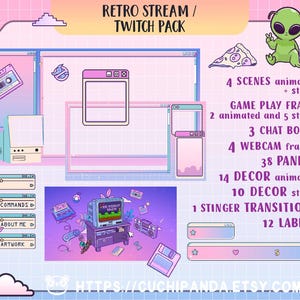 Retro Twitch Pack, Animated Overlays, panels, alert, Stream Decor, 90s Computer, Streamlabs Purple Gamer Room Streamelements
