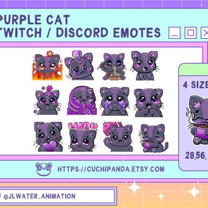 Cute Cat Twitch Emote Pack 12x, Discord Kitten Purple Emote, Gaming, Streaming Assets, Eat, Love, Comfy, Cry, Wave, Angry