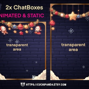 Może przedstawiać: Dwie animowane świąteczne ramki do czatu z ceglanym tłem. Górna część każdej ramki ozdobiona jest girlandą z ostrokrzewu, ozdobami i gwiazdami. Dolna część każdej ramki ma przezroczysty obszar na tekst. Tekst "2x ChatBoxes ANIMATED & STATIC" znajduje się w górnej części obrazu. Tekst "transparent area" znajduje się w dolnej części każdej ramki. Tekst "HTTPS://CUCHIPANDA.ETSY.COM" znajduje się w dolnej części obrazu.