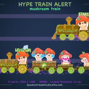May include: Animated graphic with the text "HYPE TRAIN ALERT" and "mushroom train." A cartoon train with mushroom characters is featured. The train cars have the text "LEVEL UP!" and "START!" on a dark blue background.