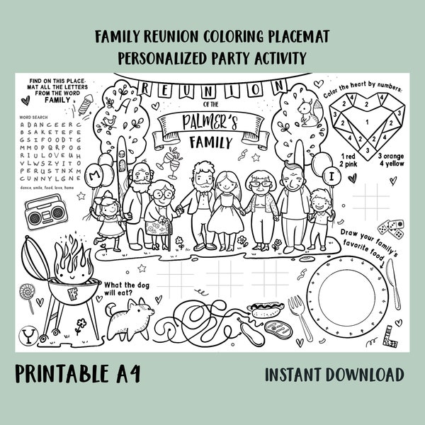 Familientreffen Spiel Party Färbung Tischset Benutzerdefinierter Name druckbare Kinder Aktivitätsblatt Wir bearbeiten Sie drucken