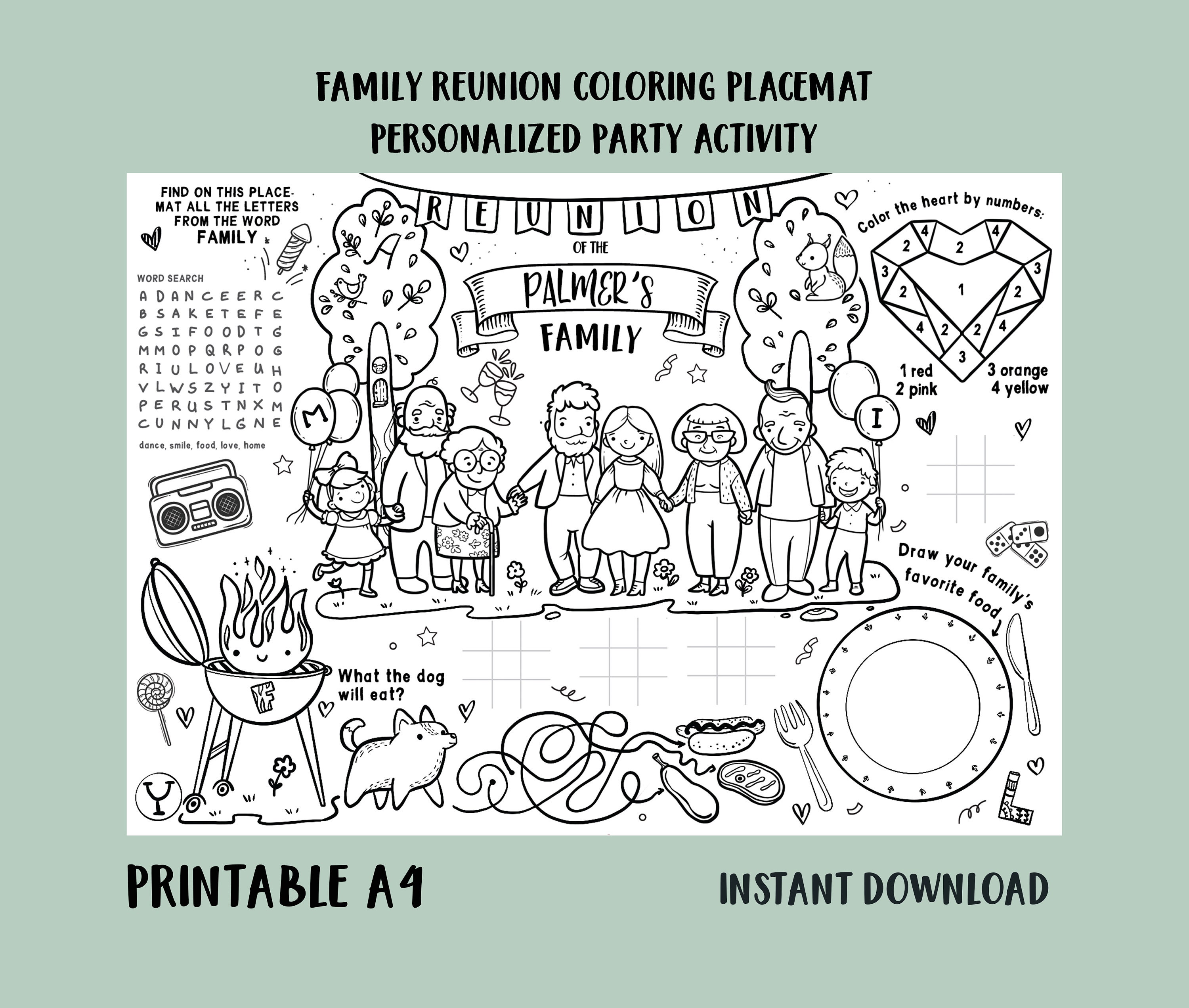 Family Reunion Game Party Coloring Placemat Custom Name Printable