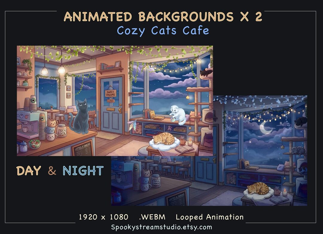 Animated Cat Cafe Stream Background, Cozy Anime Day Night Loop (digital ...