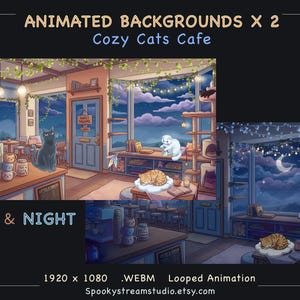 Puede incluir: Ilustración digital animada de una acogedora cafetería para gatos. La imagen muestra un interior de cafetería con gatos, máquinas de café y una vista del cielo nocturno. El texto dice "Animated Backgrounds x 2 Cozy Cats Cafe Day & Night".