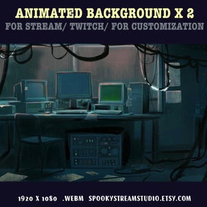 May include: An animated background for streaming or Twitch, featuring a dimly lit room with computers and wires. The text "ANIMATED BACKGROUND X 2" and "FOR STREAM/TWITCH/FOR CUSTOMIZATION" are visible. The resolution is 1920 x 1080.