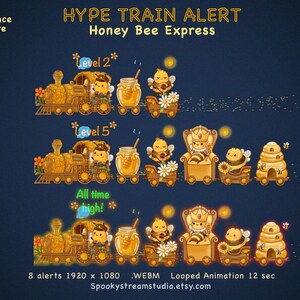 Op de afbeelding: Een digitale grafische set getiteld HYPE TRAIN ALERT Honey Bee Express met geanimeerde bijenkarakters op een trein. Het ontwerp bevat een bij als machinist, een honingpot, een gitaarspelende bij, een koningin op een troon en een bijenkorf.