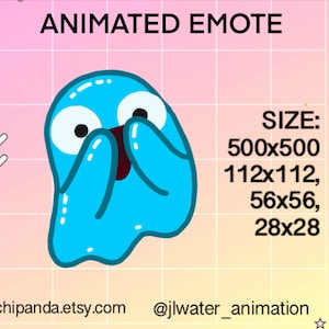Puede incluir: Emoji animado de fantasma azul con ojos grandes y una expresión de sorpresa. El emoji está disponible en varios tamaños: 500x500, 112x112, 56x56 y 28x28. El texto "cuchipanda.etsy.com" y "@jlwater_animation" también se incluyen en la imagen.