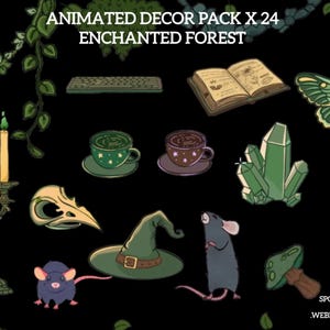 May include: Animated decor pack featuring enchanted forest elements. Includes a green witch hat, a skull, a moth, a book, teacups, crystals, candles, and mice. The text "Animated Decor Pack X 24 Enchanted Forest" is at the top.