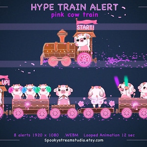May include: Animated graphic of a pink cow train with the text "HYPE TRAIN ALERT" and "pink cow train". The train cars are filled with cartoon cows. The first car has the text "START!" and the second car has the text "LEVEL UP!".