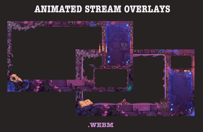 Op de afbeelding: Geanimeerde streamoverlays met een fantasiethema. De overlays hebben een paars en grijs kleurenschema met stenen texturen, wijnranken en decoratieve elementen. De tekst "ANIMATED STREAM OVERLAYS" en ".WEBM" worden weergegeven.