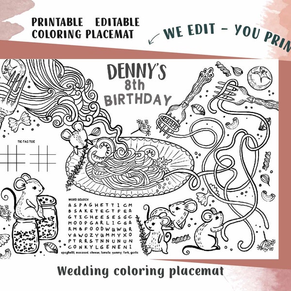Spaghetti  Coloring Placemat Pasta Cooking Birthday Party Sleepover Game Kids Toddler Activity Digital File Printable Custom Name, C5