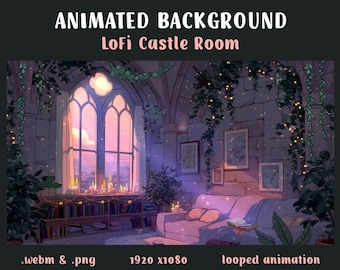 Twitch-geanimeerde achtergrond, fantasiekasteelkamer, magisch venster, Vtuber-/stroomachtergrond, mystieke lusanimatie