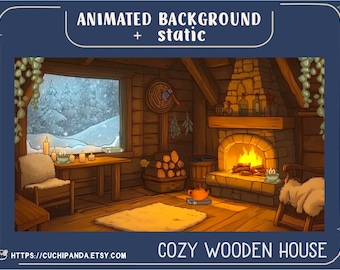 Puede incluir: Ilustración de un acogedor interior de casa de madera con chimenea, velas encendidas y una vista nevada por la ventana. La imagen incluye el texto "ANIMATED BACKGROUND + static" y "COZY WOODEN HOUSE".
