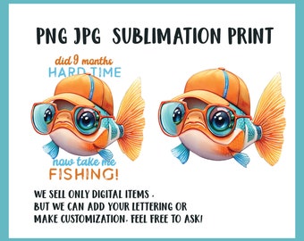 Fish wearing Glasses and Baseball Cap PNG Watercolor Splash Clipart Commercial Use Sublimation Print Lucky Fishing Gift