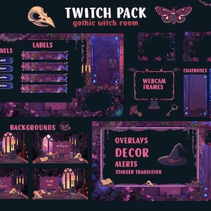 May include: A digital art pack for Twitch streamers, with a gothic witch room theme. The design includes panels, labels, webcam frames, chat boxes, scenes, backgrounds, overlays, decor, alerts, and a stinger transition, in purple and black.