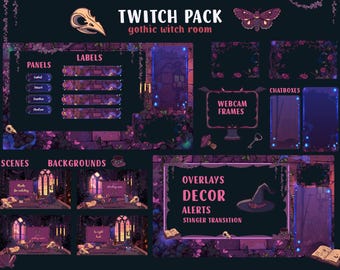 May include: A digital art pack for Twitch streamers, featuring a gothic witch room theme. The design includes panels, labels, webcam frames, chat boxes, scenes, backgrounds, overlays, decor, alerts, and a stinger transition, all in shades of purple and black.