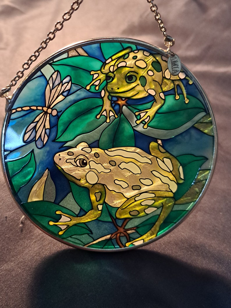 AMIA Frogs & Dragonfly Hand Painted Stained Glass Suncatcher Etsy