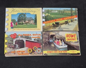 1960s Mini Postcard Lot Souvenir Books Howe Caverns, Williamsburg, Amishland, Pennsylvania Dutch Plastichromes