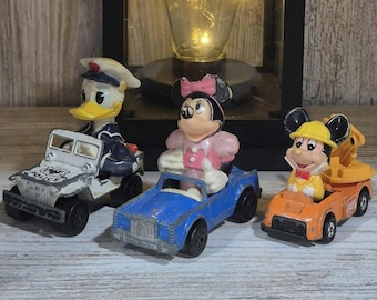 DISNEY Vintage Cars Lot Matchbox Donald Duck Police & MINNIE Mouse Convertible Bonus TOMY Mickey Mouse Loader Excavator Disney 1970s Toy Lot