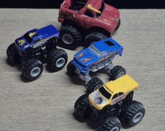 Hot Wheels Mini Monster Trucks Lot Monster Jam Rev Tredz El Toro Loco Friction Motor Truck Minis Shocker, Wrecking Crew & Blue Ford Mustang
