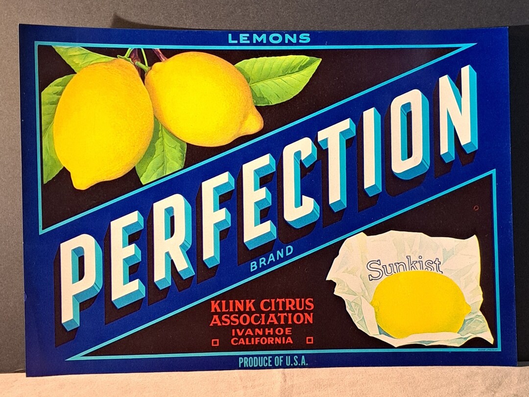 PERFECTION Lemon Art Litho Fruit Label Sunkist Vintage Print USA