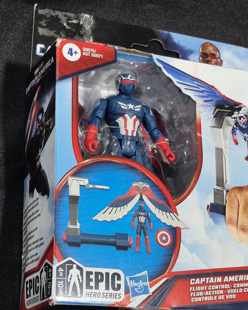 May include: A Hasbro Epic Hero Series Captain America action figure in its original packaging. The figure is blue, white, and red with a mask and wings. The box displays the text Captain America, Epic Hero Series, and 4 inches/10 cm.