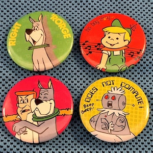 1983 JETSONS Button Pin Lot, Set of 4, Hanna Barbera Cartoon Set Astro Right Rorge Boy Elroy Rosie Does Not Compute & Hugging George/Astro