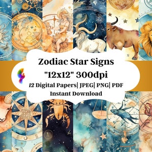 12 Zodiac Signs Watercolor Art | Seamless Digital Paper, Zodiac Animals, Taurus, Libra, Zodiac Tumbler Wrap, Gifts for Astrology Lovers