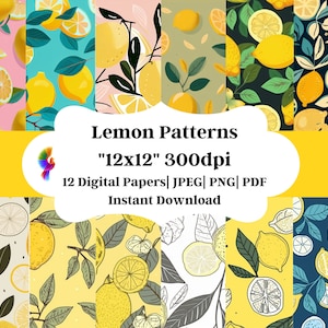 Watercolor Lemon Digital Paper | Seamless Citrus Patterns, Lemon Clipart, Scrapbook Paper, Repeat Designs, PNG for Crafts, Home Decor
