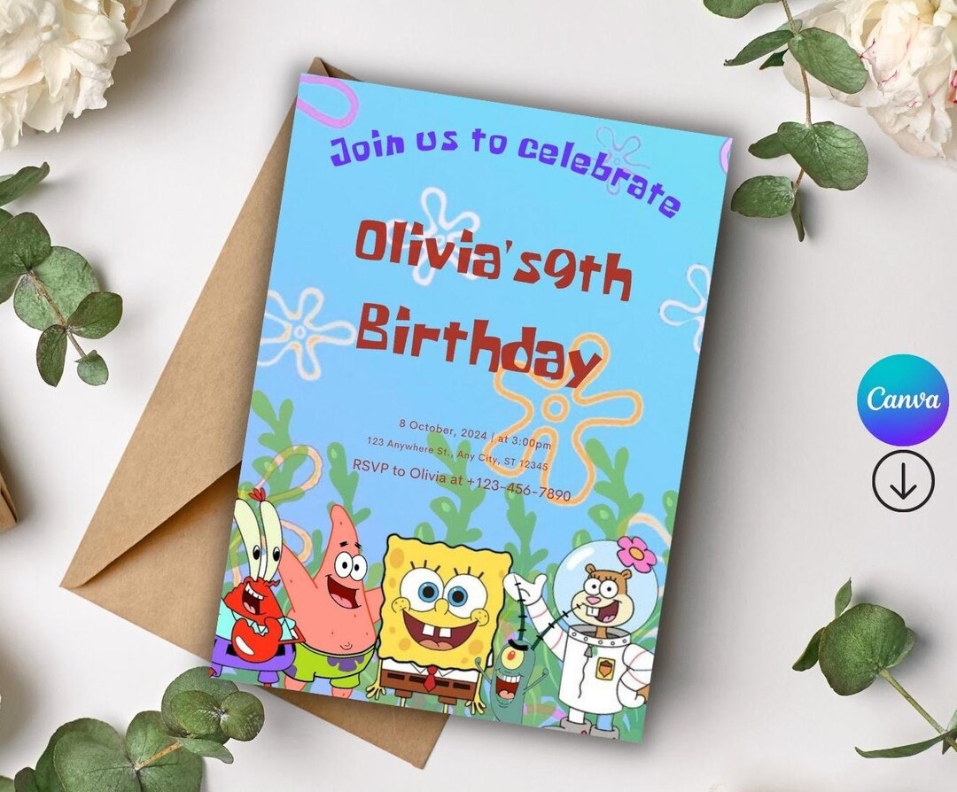 Editable Spongebob Birthday Invitation Template Printable Etsy