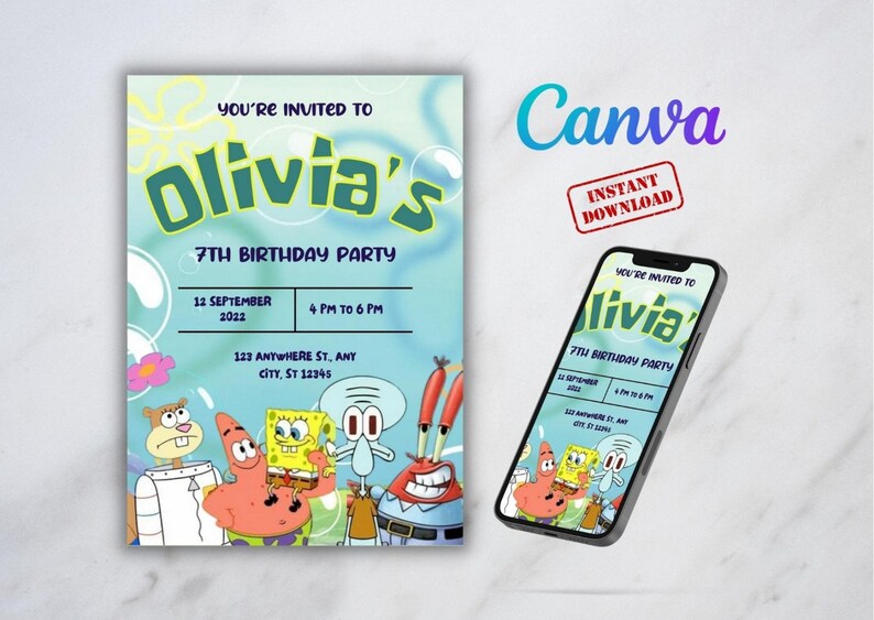 Editable Spongebob Birthday Invitation Template Printable Etsy