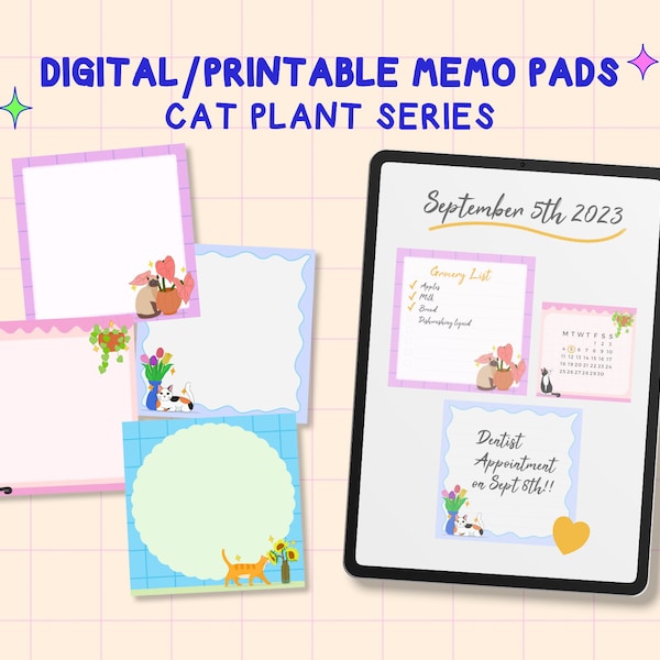 Cat Plant Digital Memo Pads Set, Printable Memo Pads, Memo Pads Stickers, Goodnotes Stickers, Digital Planner Stickers, Journal Stickers