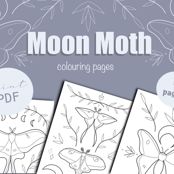 Moon Moth Digital Colouring Pages / 9 Page Printable Coloring Book / Adult & Children's Colouring Book / Mystical Moth / Butterfly Pages
