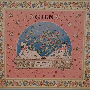 Coffret de tasses en faïence de Gien vintage, Pierrot & Colombine, années 1960 France.