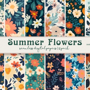 Summer Flowers Digital Paper, Seamless Summer Flowers, Watercolor Prints, Floral Backgrounds, Printable Stationery, Scrapbook Paper, Flowers